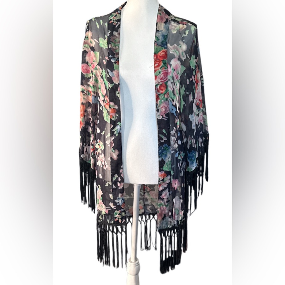 Reverse Black Floral Kimono with Fringe
